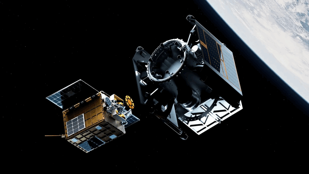 Artist’s rendering of Starfish Space’s “Otter Pup” (left) closing in on a D-Orbit ION tug (right) for the first commercial docking attempt with an unprepared satellite in low-Earth orbit.