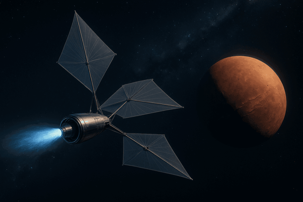 a single, unified spacecraft cruises through deep-space darkness toward a reddish-brown dwarf-planet Sedna, which looms half-lit by the distant Sun. From the craft’s aft end, a polished metallic fuselage tapers into a ring-shaped direct-fusion-drive nozzle, flaring a vivid blue-white plume. Mid-body pylons unfold four ultrathin, diamond-shaped solar-sail petals that radiate outward like a shimmering kite, their translucent membranes visibly anchored to articulated booms on the main bus. Faint icy ridges are discernible on Sedna’s surface, while the backdrop is studded with pinpoint stars and a dim Milky Way band.
