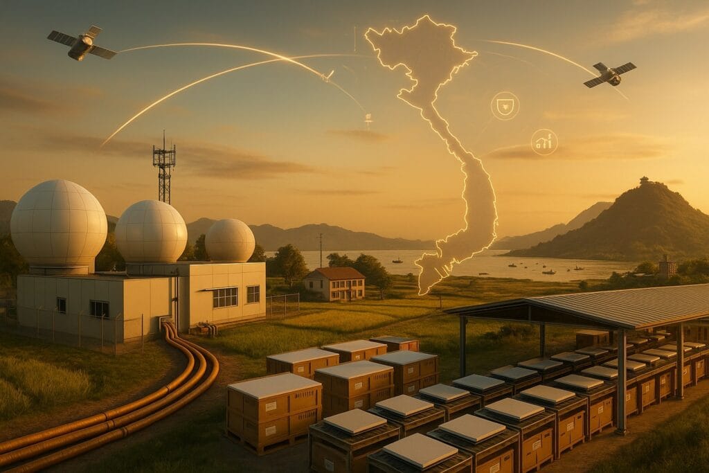 Foreground: a Vietnamese earth-station site with several white radomes and a fenced gateway building; fibre conduits and a small 5G tower connect into it. Nearby, a clean assembly line shows generic flat Kuiper-style terminals stacked in crates labeled only with neutral barcodes (no brands). Mid-ground: a rural school and a coast with fishing boats hint at end-users; on the opposite side, a mountainous border outpost. Above, two distinct LEO satellite streams arc over a translucent map outline of Vietnam, converging into the gateway. Minimal HUD overlays (icon-only) suggest lawful-access, uptime and backhaul metrics; subtle arrows point from satellites → gateway → fibre network