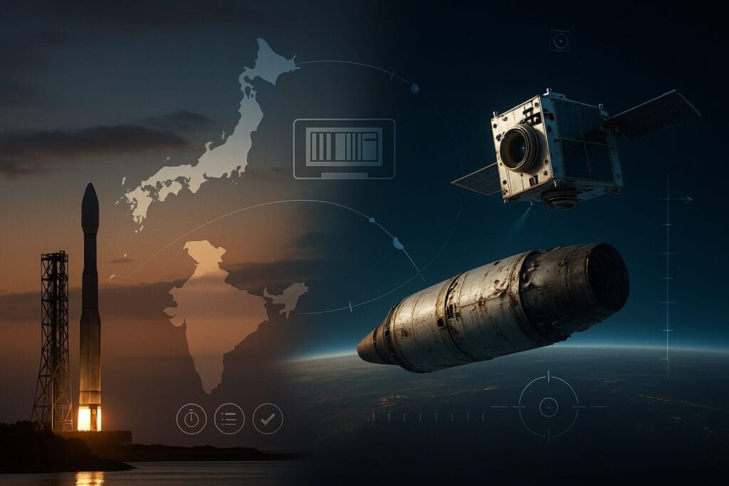 Representational graphic. Split 3:2 scene showing, on the right, a small inspection satellite with camera/LIDAR approaching a scarred upper stage over Earth’s night limb with faint city lights and a HUD reticle/range ticks/relative-velocity arrow; on the left, a slender medium-lift rocket and service tower on a coastal pad at dusk with reflective water and low clouds. Mid-layer includes outline maps of Japan and India connected by a single arc and a barcode-style crate icon to imply launch services. No logos or readable text; not to scale.
