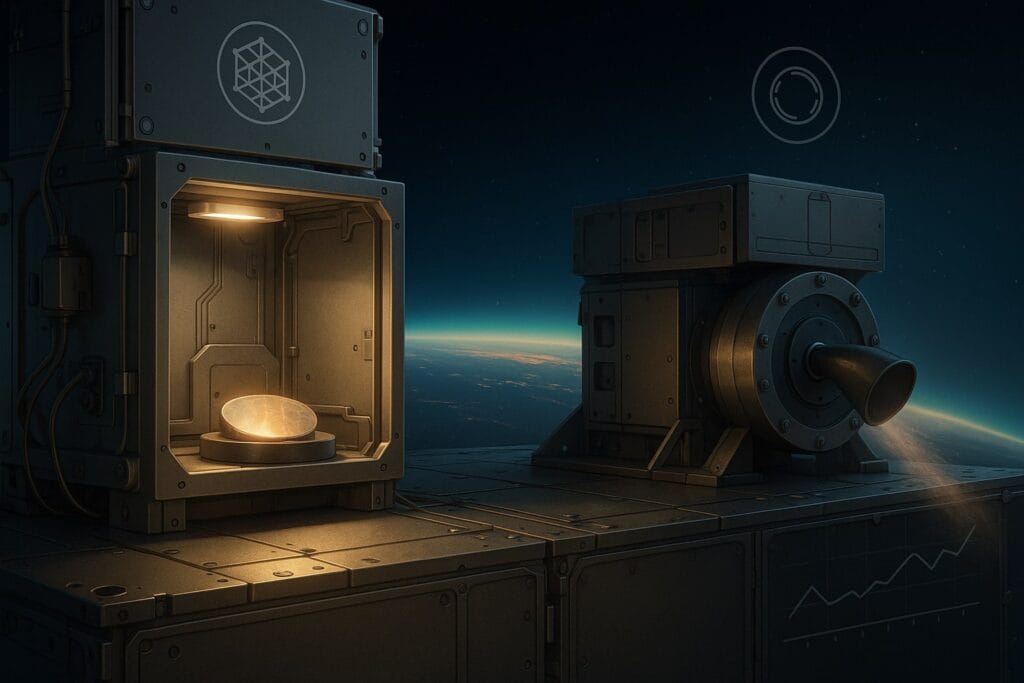 A small orbital service-bus platform carries two experiments: a microgravity materials module with a glowing wafer and a compact rotating-detonation engine test unit, set against Earth’s dawn limb and a faint aurora; no logos or identifiable hardware.