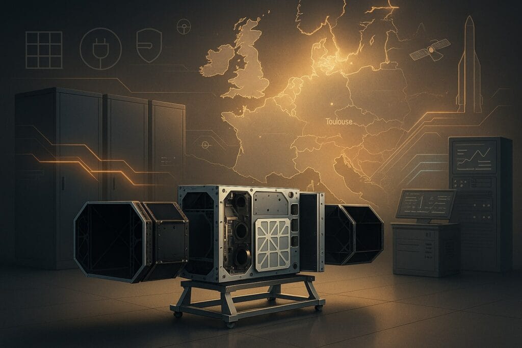 Photorealistic editorial illustration of a neutral satellite “standard bus” on a metal assembly stand inside a clean industrial bay. Two modular payload bays are aligned to slide into the chassis. On the left, three plain floor cabinets project soft converging light beams toward the bus, symbolising consolidation. On the right, a compact ground-segment rack and a mission-planning console display abstract UI shapes (no readable text). The background shows a soft outline map of Europe with a warm glow over Toulouse, a minimal Ariane-class launcher silhouette, and a small optical inter-satellite link node. Thin glowing “data rails” connect the cabinets, bus and ground systems. Small HUD-style icons—grid, plug/bolt, shield, line chart—float subtly. Palette: neutral greys with restrained teal/amber highlights; golden-hour rim light; people-free; no logos.