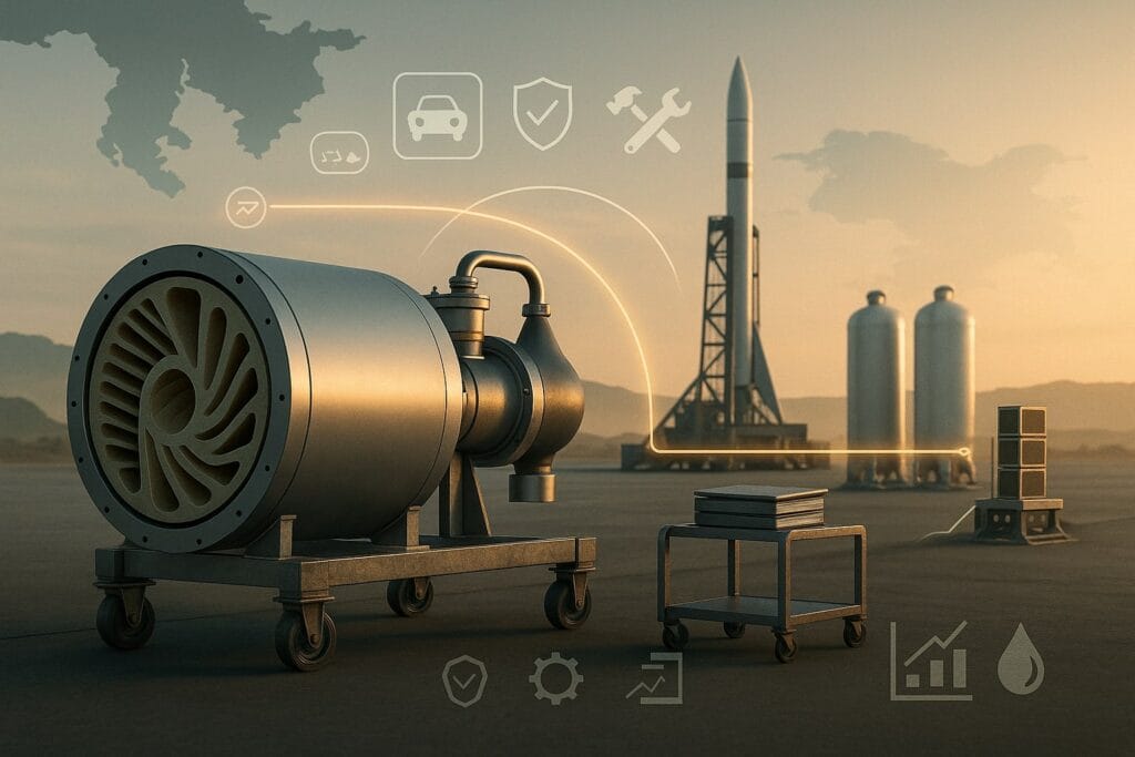A neutral, unbranded hybrid-rocket stage sits on a wheeled stand. A cutaway ring reveals a wax-like paraffin grain with helical ports and a simple LOX feed into a compact turbopump. In the distance, a small launch pad at dawn shows two frosted cryogenic dewars, a compact engine test rack, and a stack of generic cubesats beneath a faint orbital arc. Subtle icon overlays suggest taxi vs bus, safety, production, unit economics, and hybrid combustion. No logos or real hardware are depicted.