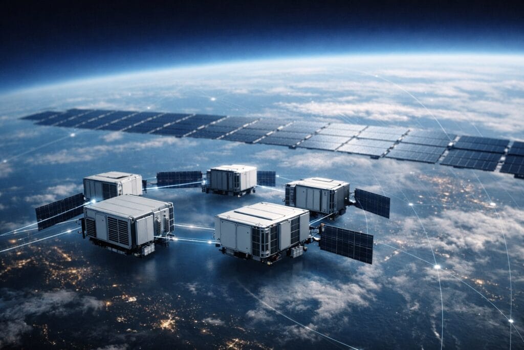 A ring of modular, container-like data-centre satellites with radiator panels and solar arrays orbits high above Earth’s curved horizon, linked by faint glowing data lines, with a vast solar array stretching into the distance over clouds and city lights.