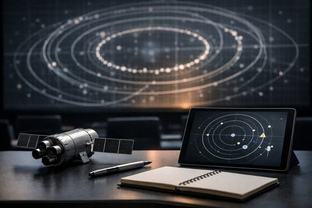 Photorealistic image of an unbranded space operations training console in a darkened mission-control room. In sharp focus on a matte desk are a sleek metallic spacecraft model with small thruster nozzles and compact solar panels, a silver pen, and an open blank notebook. Beside them, a thin tablet displays a text-free orbital interface with concentric rings, small satellite dots, a warning triangle icon, a shield icon, and a tiny thruster plume symbol. In the softly blurred background, a large wall screen shows a minimal, text-free map of geosynchronous orbit with circular tracks and faint trajectory arcs.