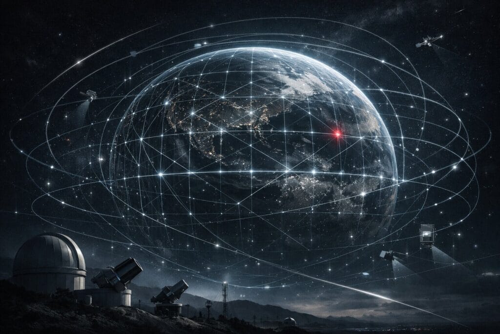Editorial illustration of Earth viewed from near orbit surrounded by a glowing lattice-like grid and multiple orbital tracking arcs, with small satellites and ground-based telescopes feeding observation data upward. A dense web of surveillance paths and sensor nodes forms a global space-monitoring network around the planet, with a single muted red anomaly marker suggesting missile-tracking tension in an otherwise dark, analytical space-defense scene.